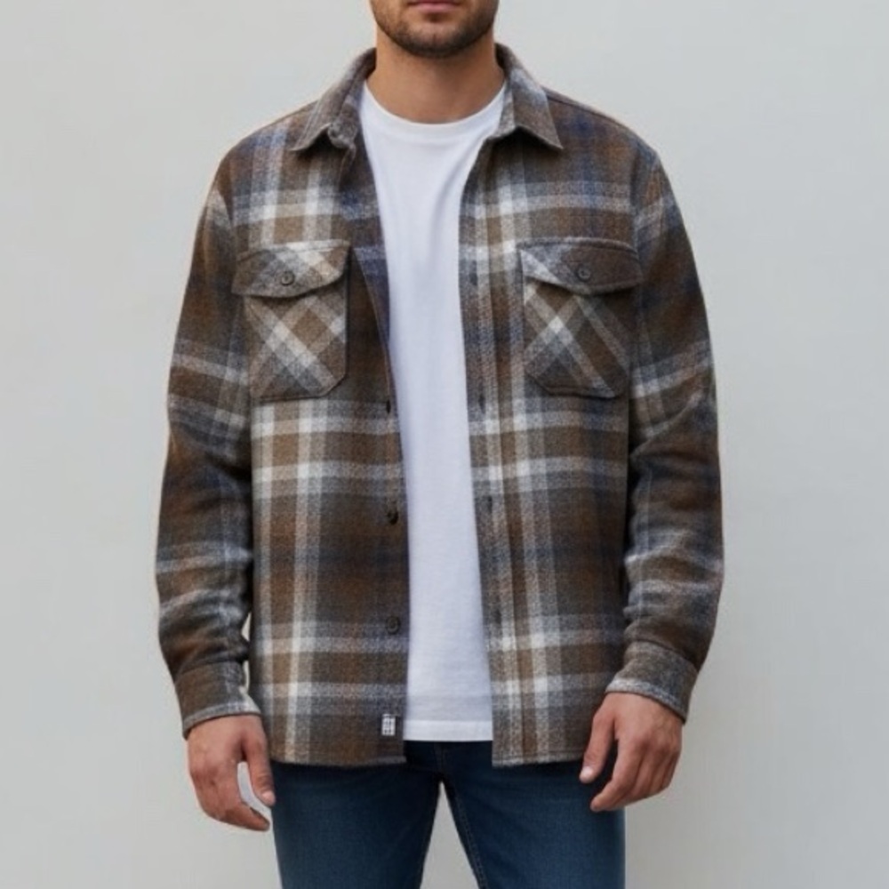 Boston Traders Oversized Plaid Flannel Shacket In Brown / Navy / White | Size S